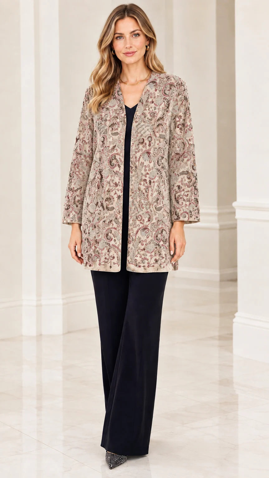 Champagne beige paisley velvet evening jacket on model