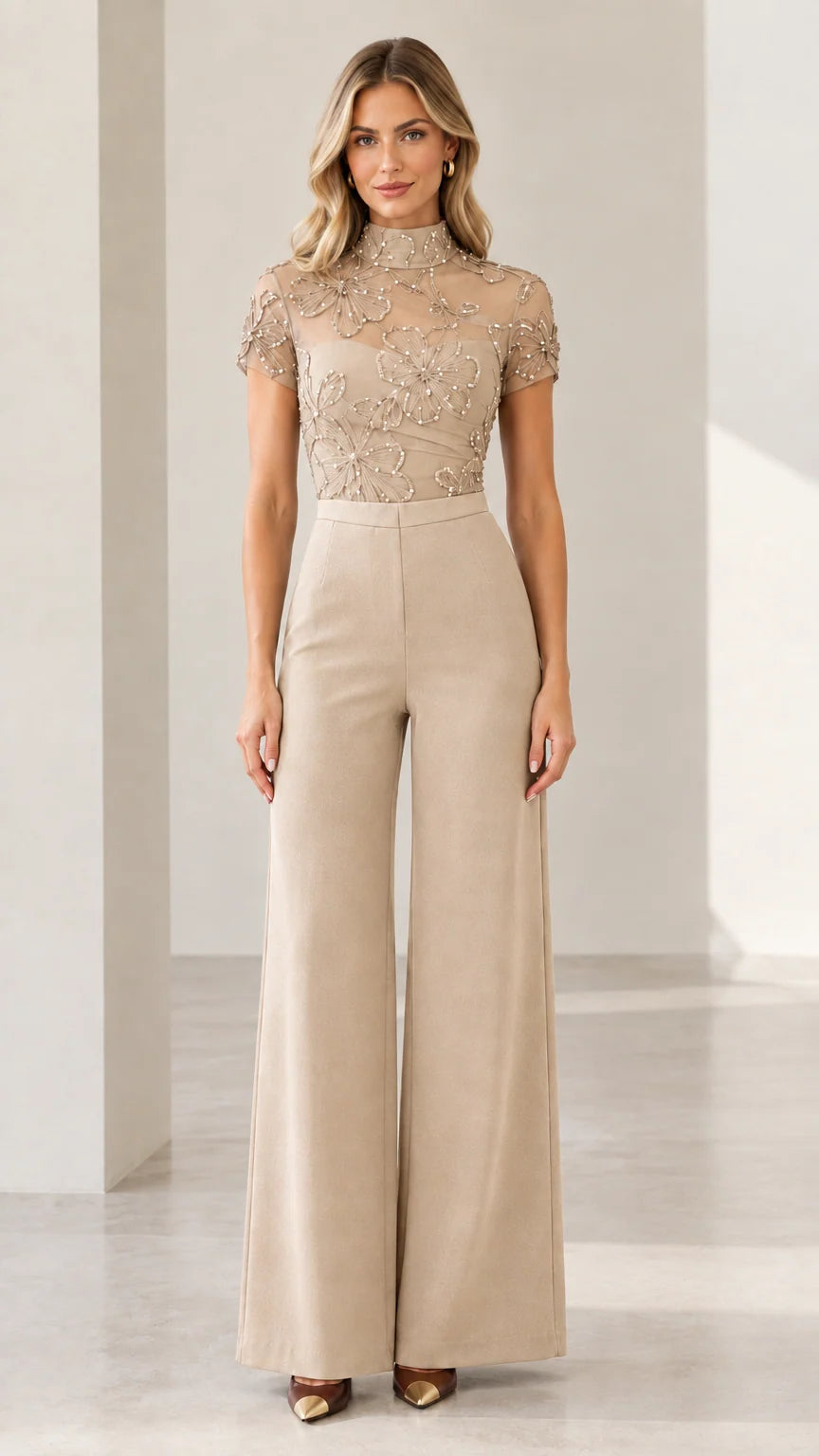 Champagne beige sequin embroidered mock neck wide-leg jumpsuit