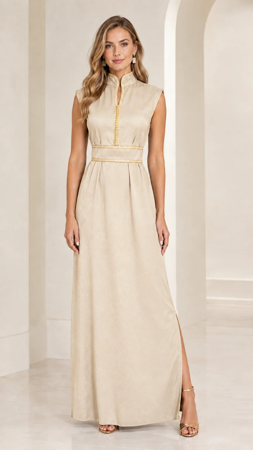 Front view of champagne beige sleeveless mandarin collar maxi dress with gold trim