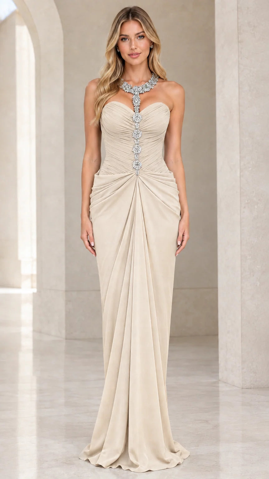 Full-length front view of the crystal neckline draped evening gown in champagne