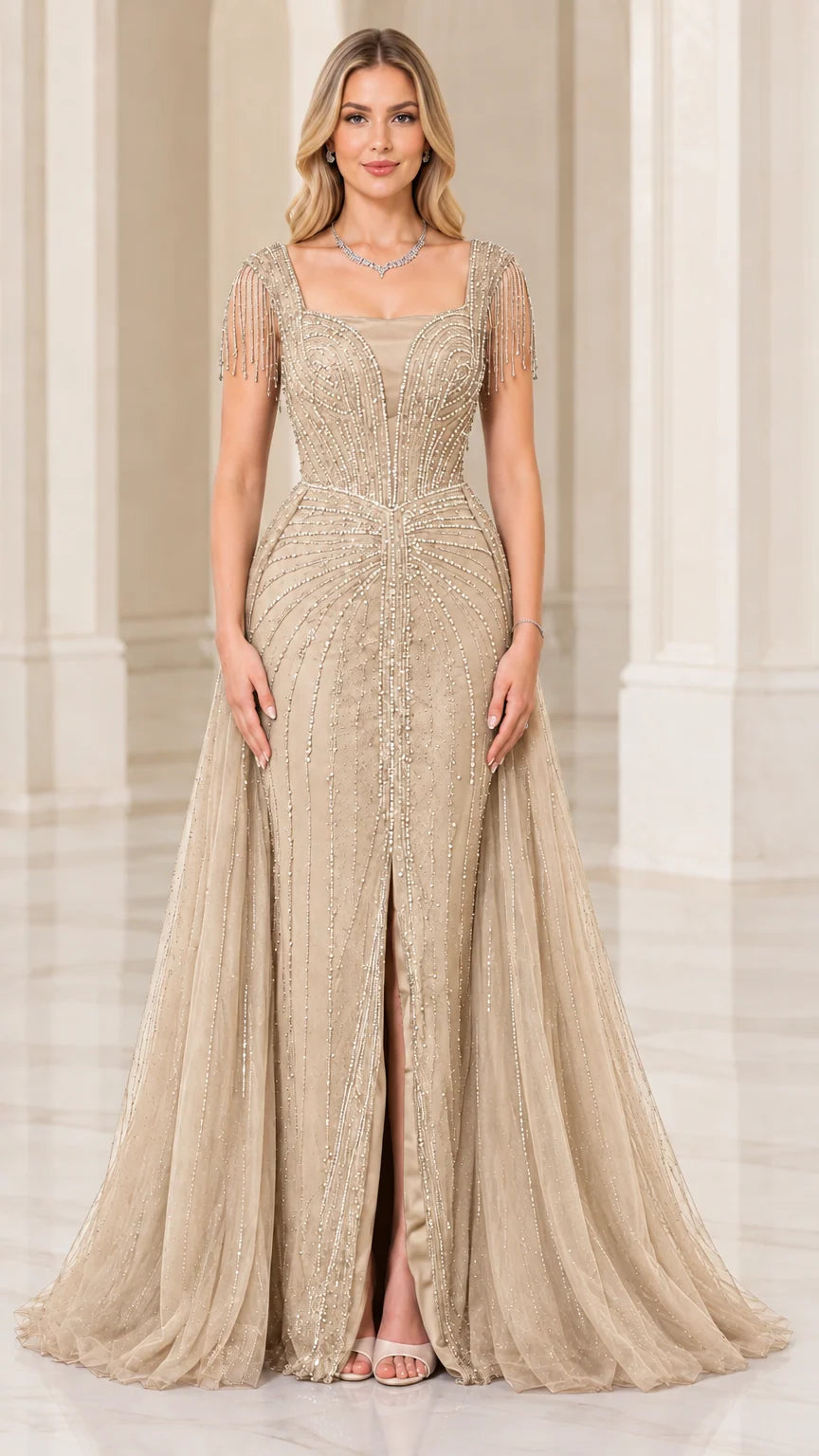Full-length front view of champagne gold beaded formal evening gown