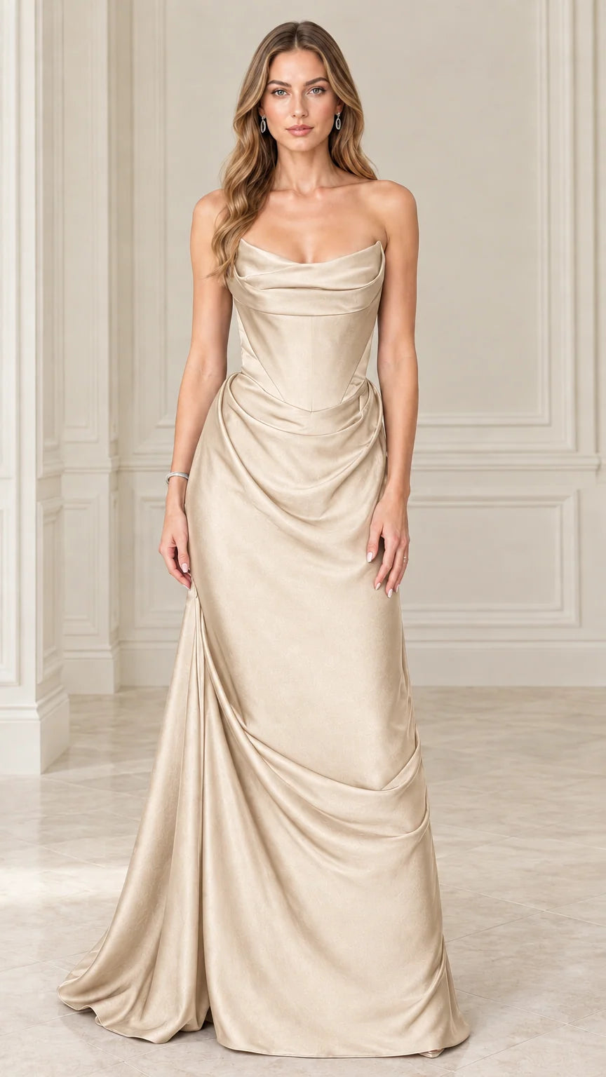 Model wearing champagne gold strapless satin corset draped maxi dress
