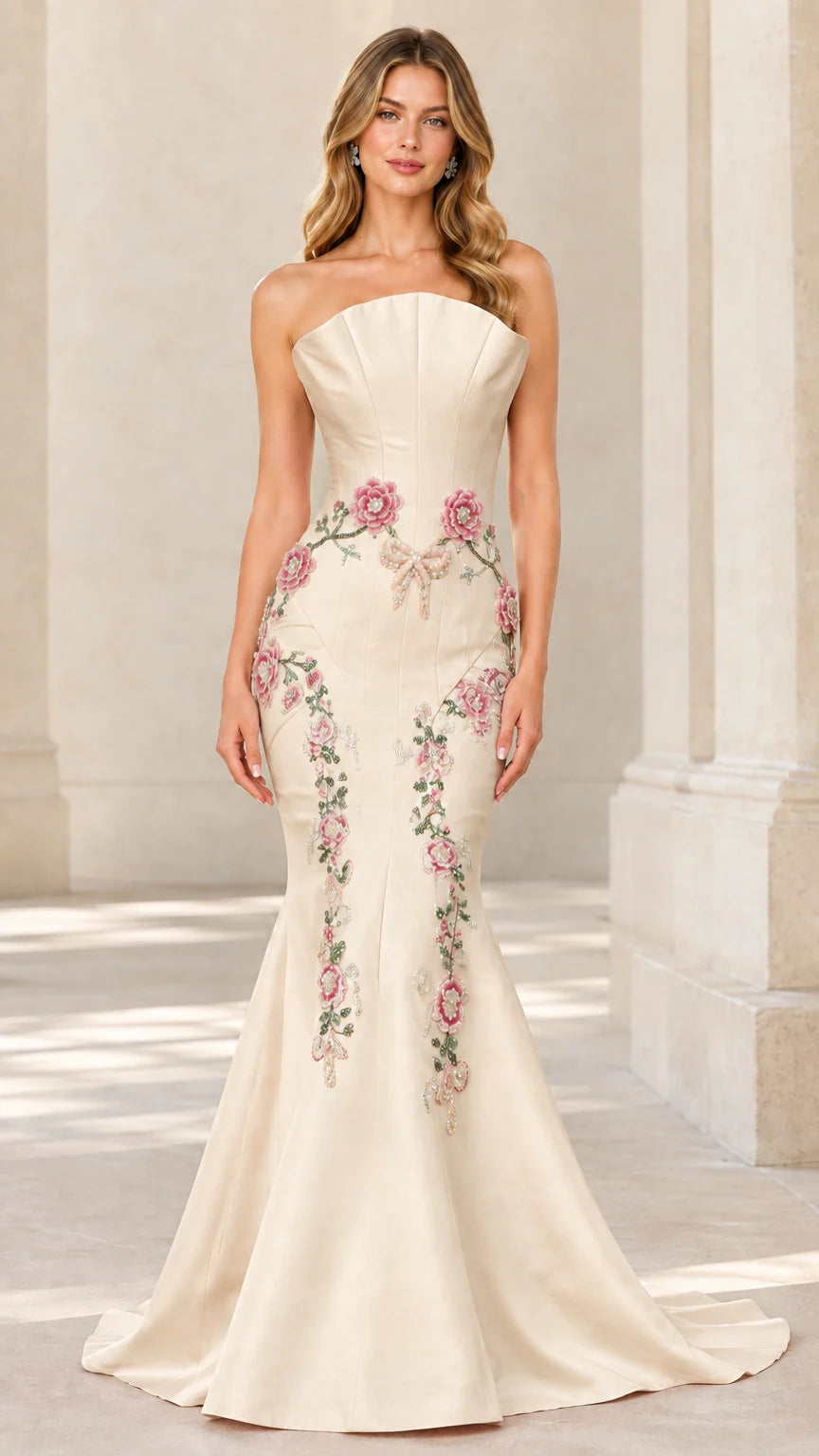 Front view of champagne strapless floral embroidered mermaid evening gown