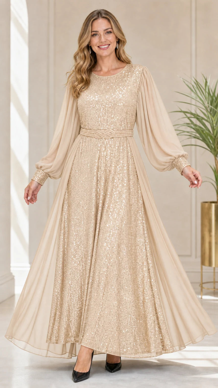 Full-length view of champagne gold sequin long sleeve formal dress