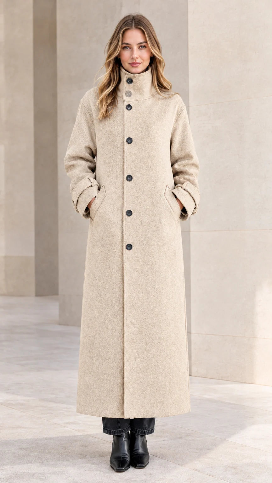 Front view of woman wearing oatmeal cream full-length button front overcoat