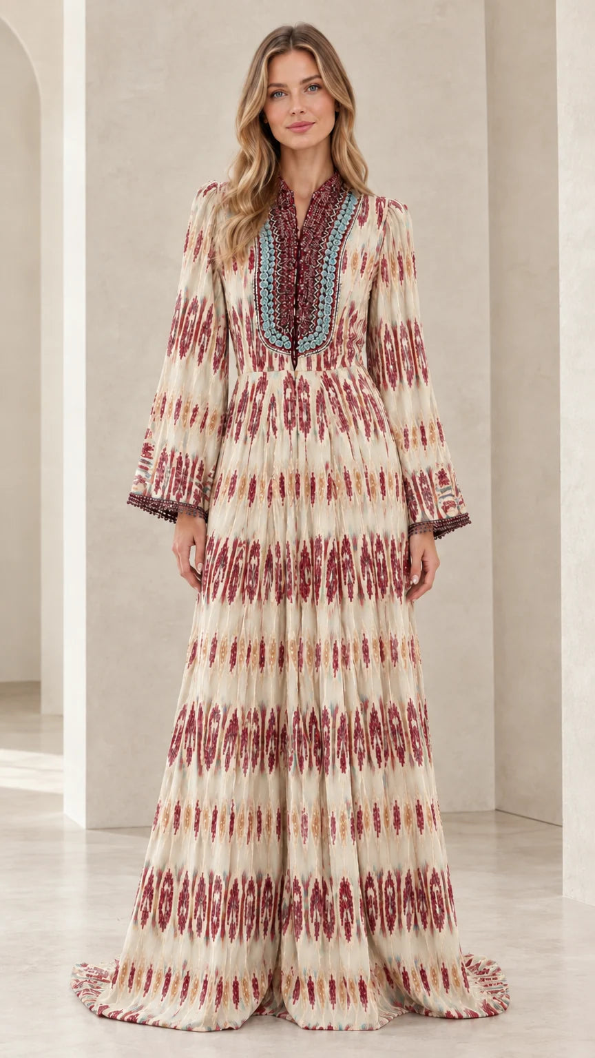 Full front view of beige cream ikat print long sleeve bohemian maxi dress