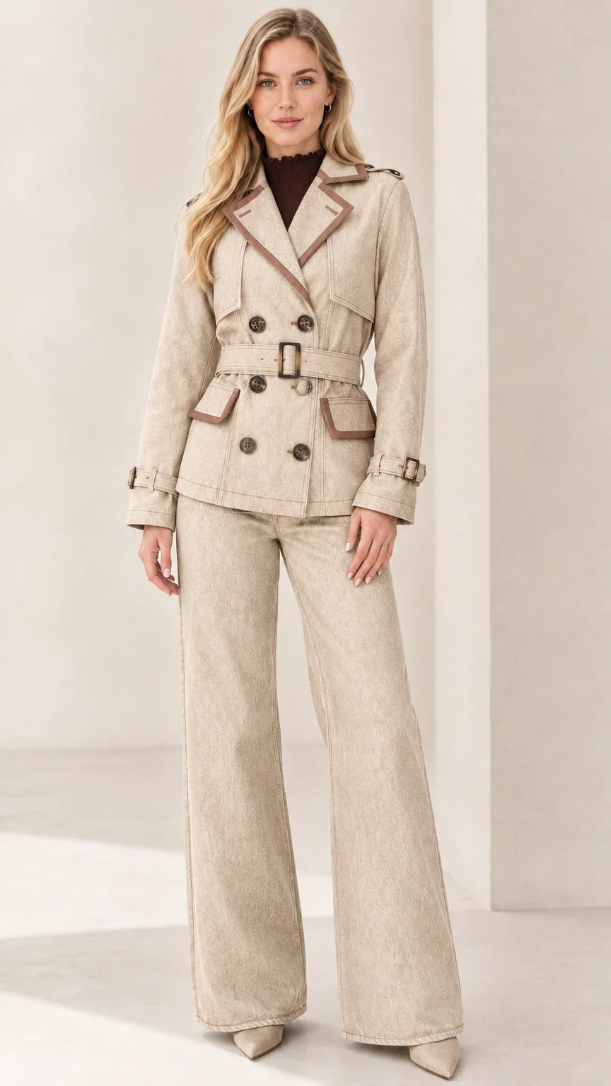 Full-length front view of beige cream belted trench blazer and wide-leg pant set