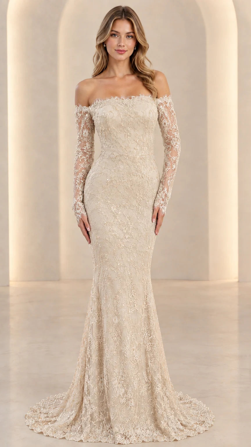 Front full view of champagne beige off-the-shoulder long sleeve lace evening gown