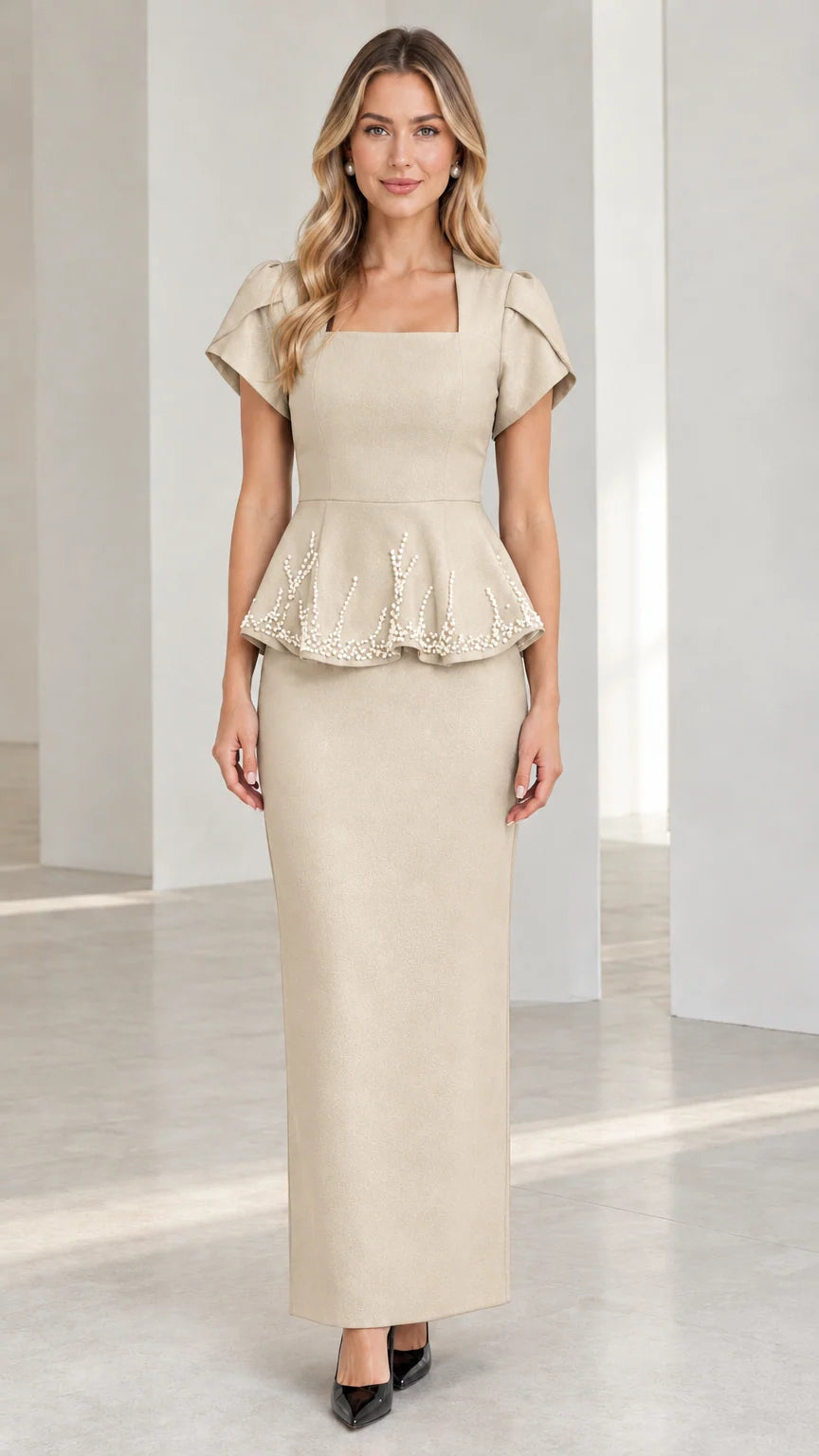 Champagne beige square neck beaded peplum column maxi dress