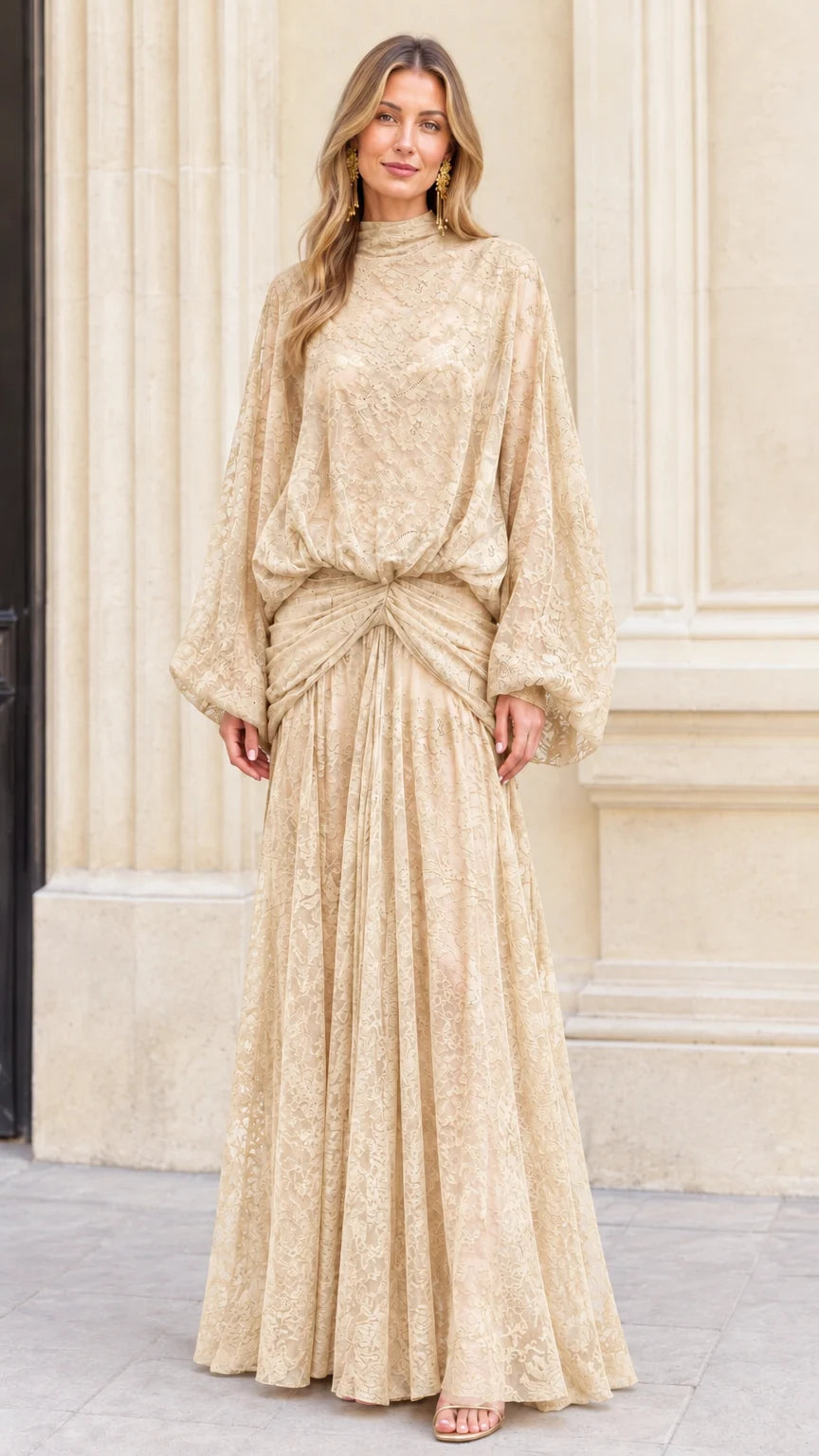 Model wearing chic Champagne beige high neck lace maxi dress