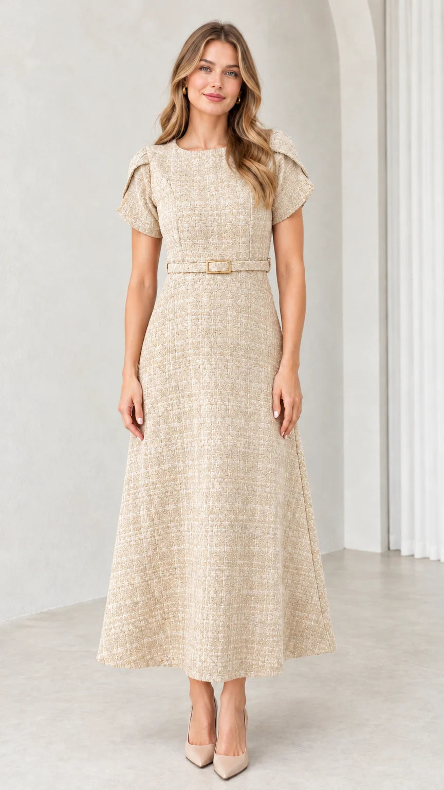 Front view of beige textured tweed belted A-line midi dress