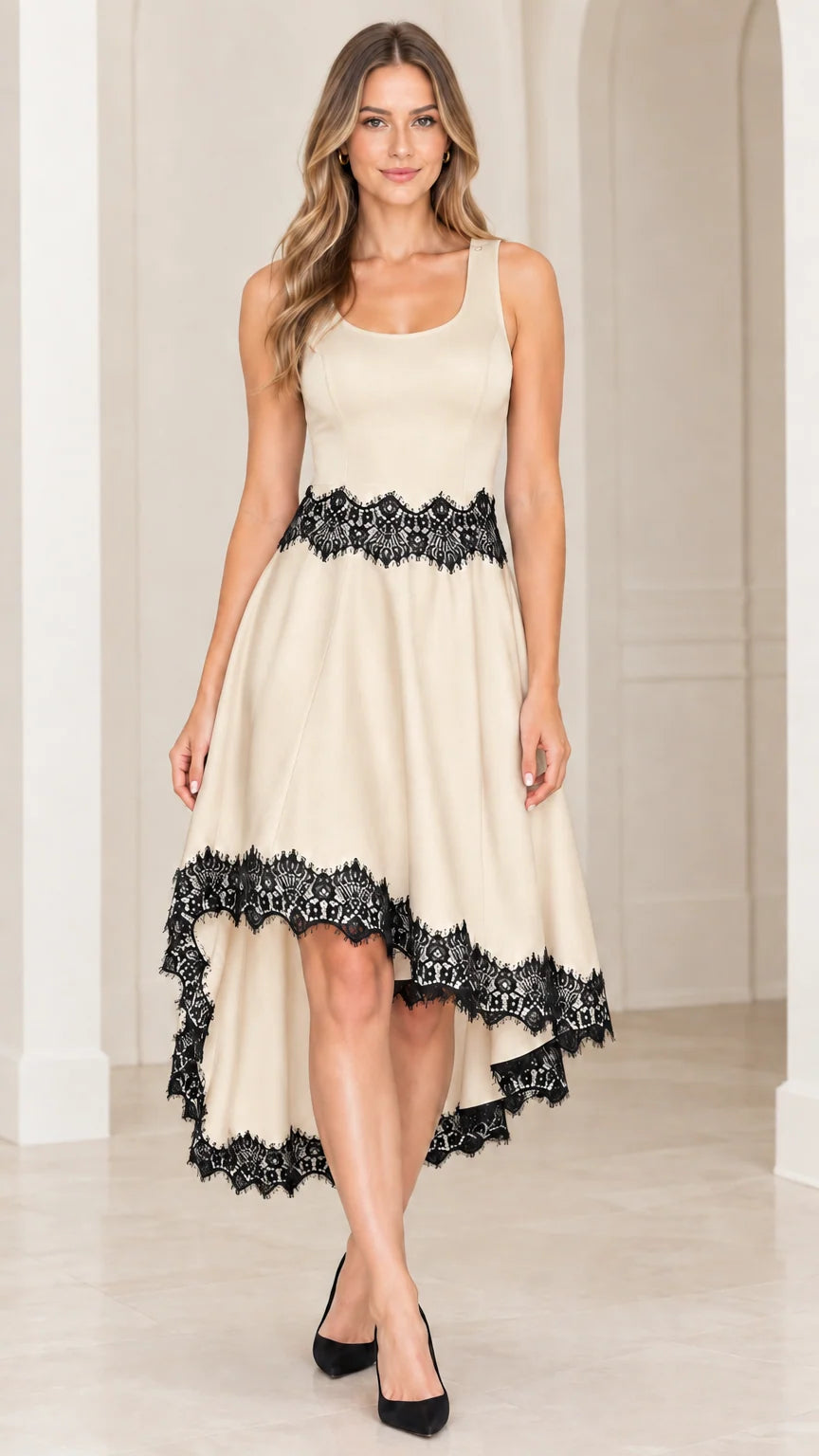 Front view of beige champagne sleeveless high-low dress with black lace trim