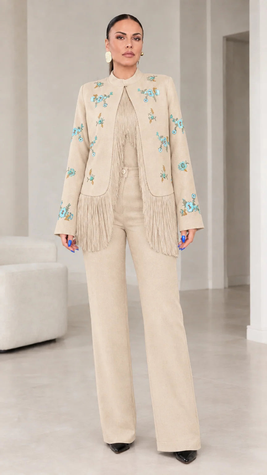 Beige champagne floral embroidered fringe blazer and matching tailored trousers set