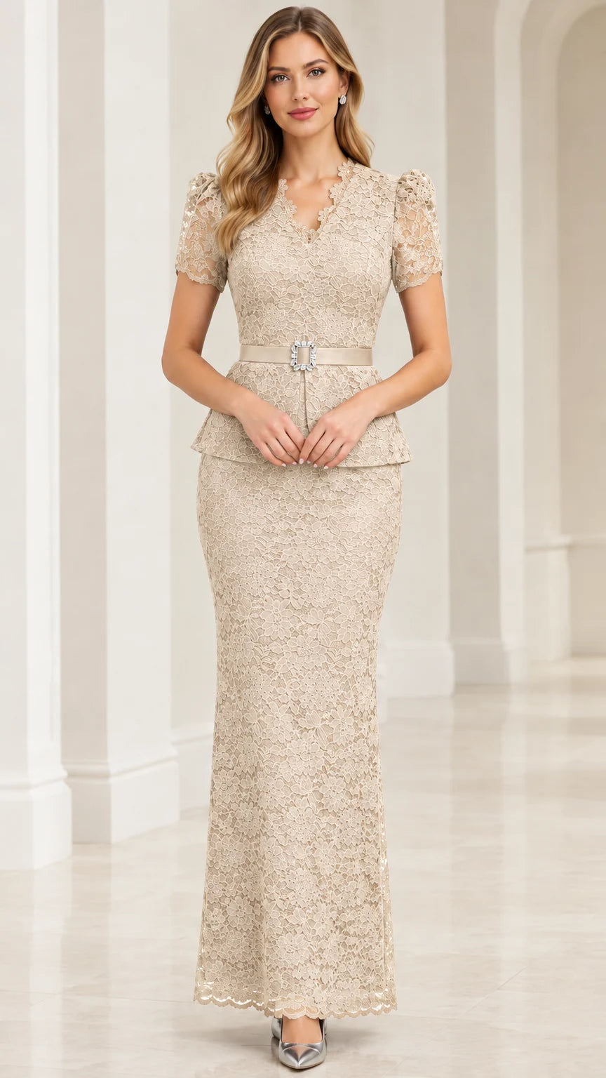 Model wearing champagne gold lace peplum maxi dress with belt