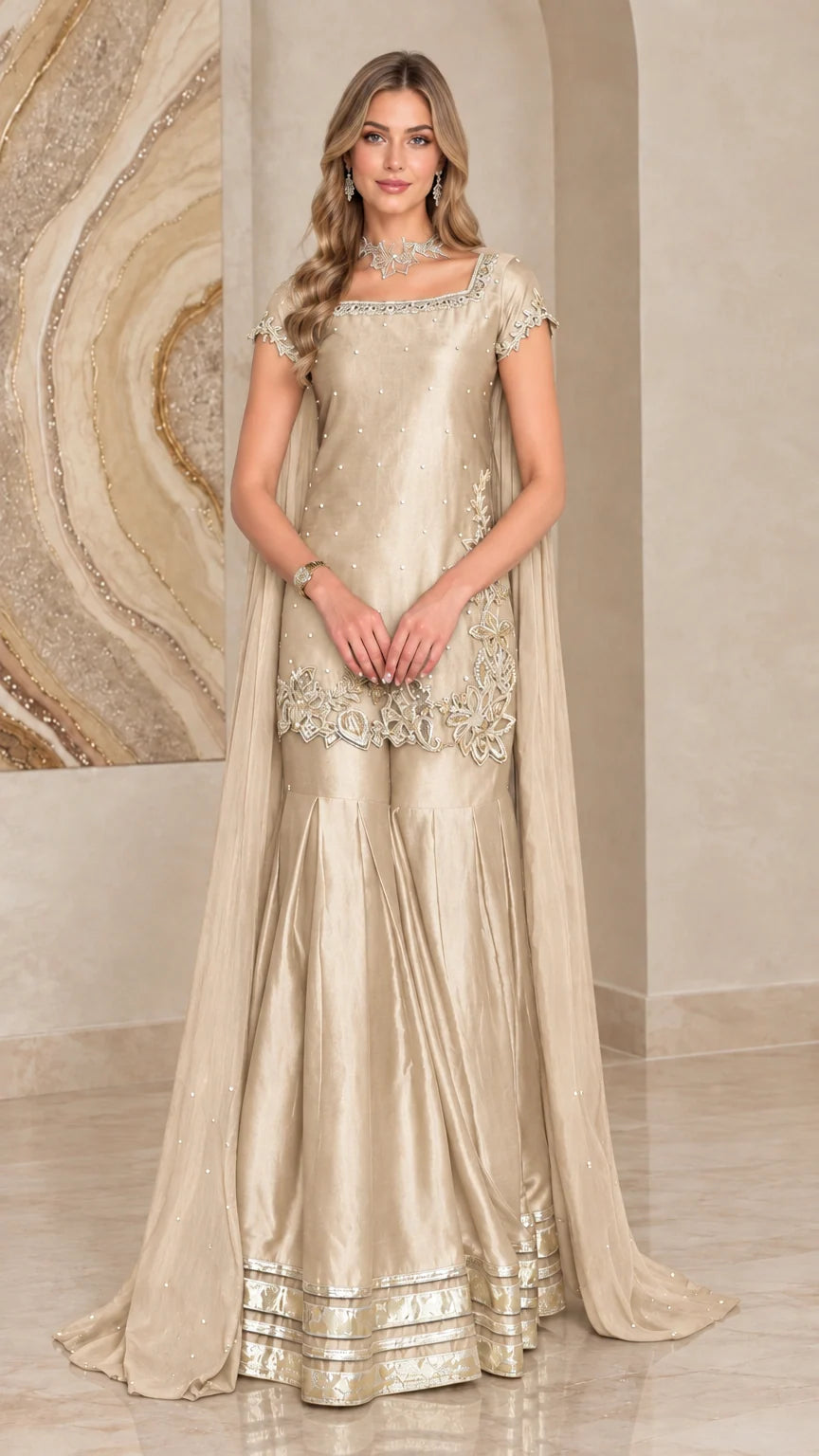 Champagne gold satin sharara suit set with sheer cape and gold embroidery