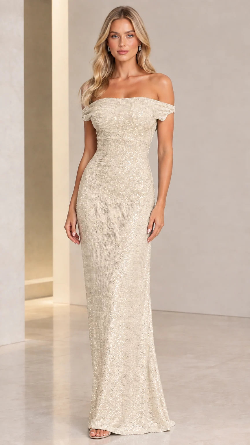 Model wearing an elegant champagne gold off-the-shoulder sequin maxi dress