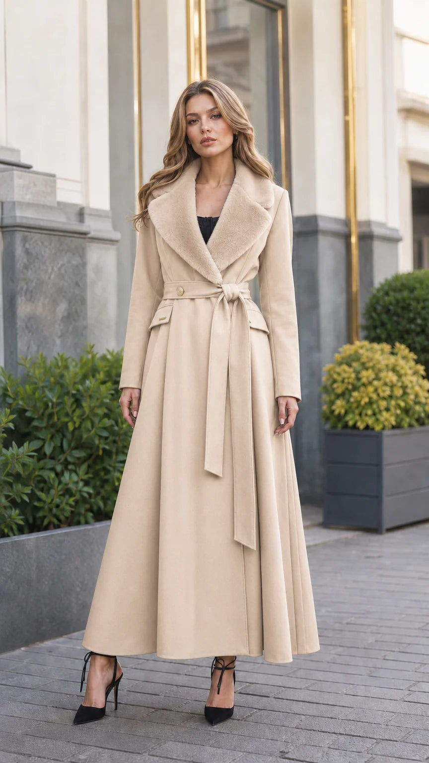 Model wearing warm beige cream longline belted overcoat with matching fur trim