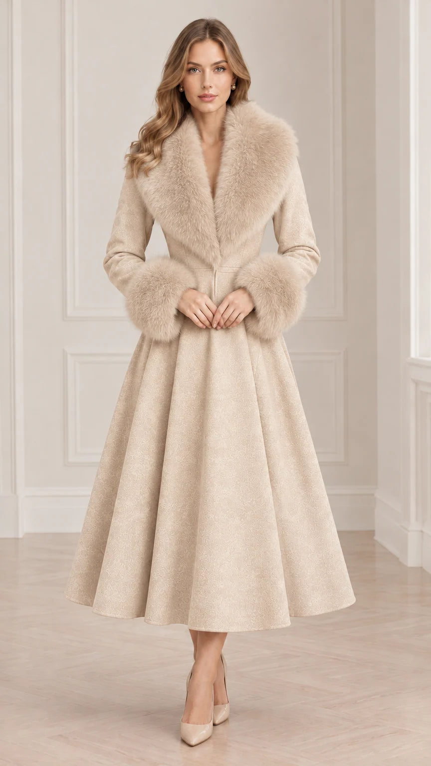 Model wearing Beige elegant fit and flare winter swing coat with plush cream faux fur trim