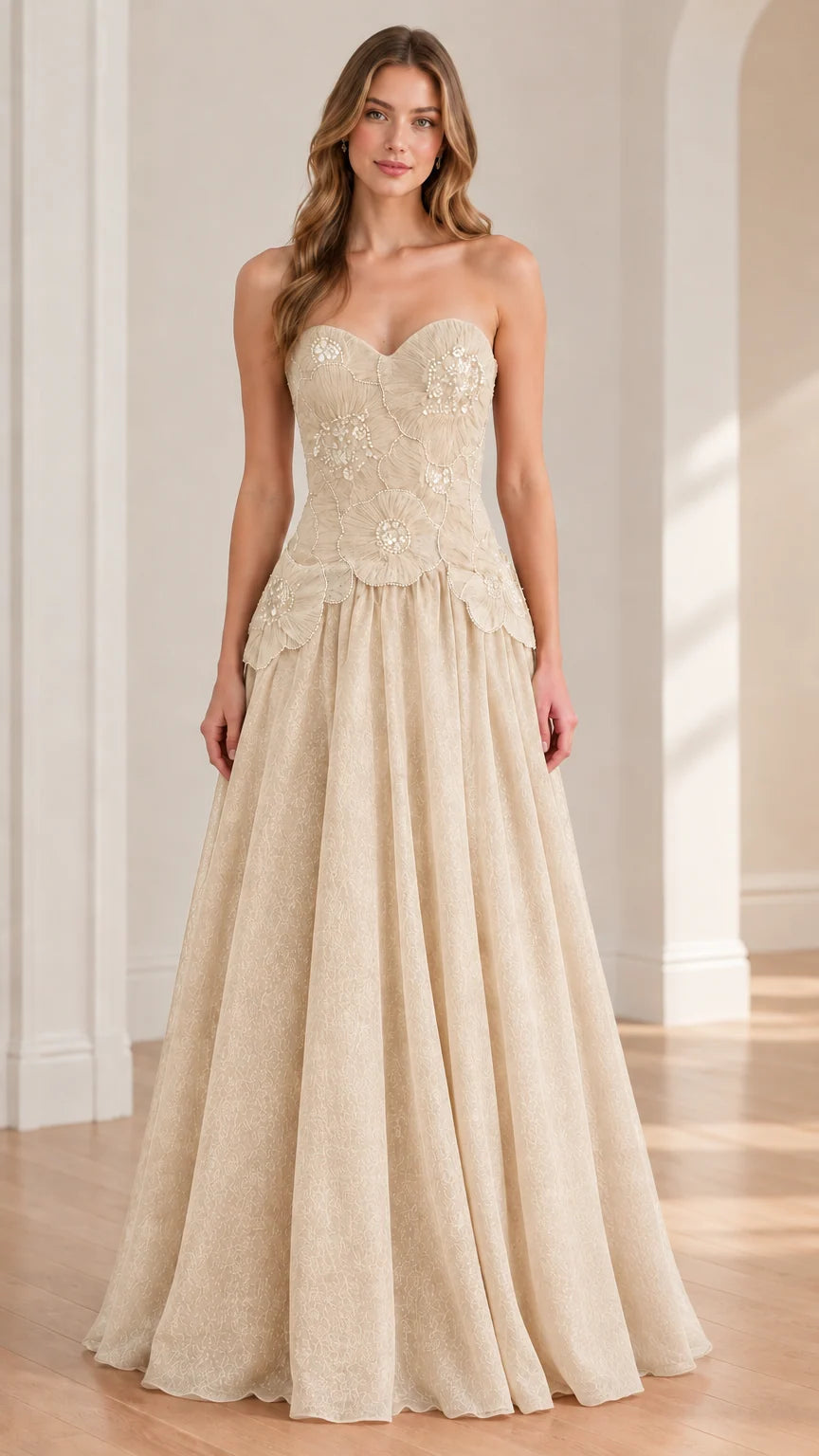 Champagne cream strapless floral appliqué evening ball gown
