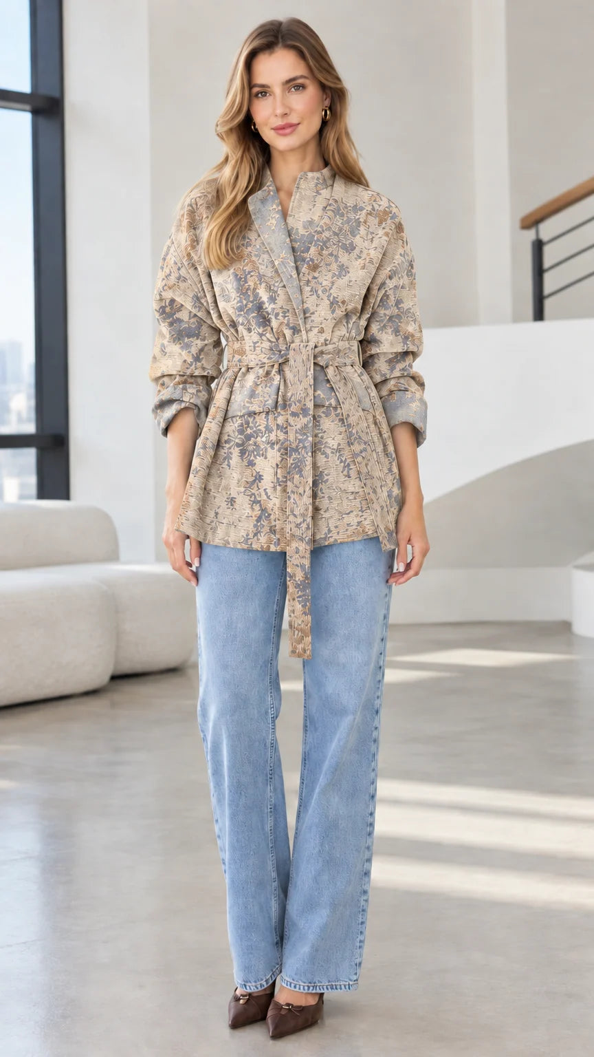 Model wearing oatmeal beige floral jacquard belted wrap jacket