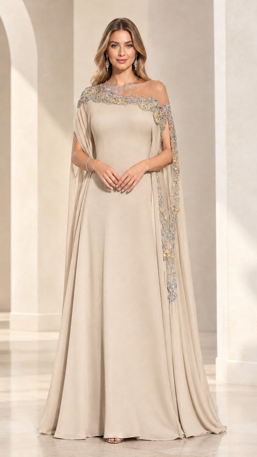 Front view of model wearing Champagne Beige Embroidered Cape Evening Gown