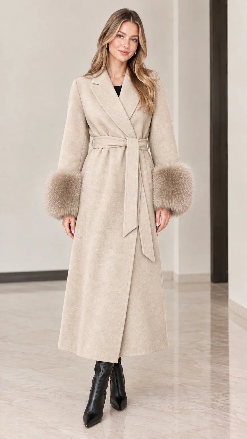 Front view of model wearing beige cream full-length wrap coat with tonal fur cuffs