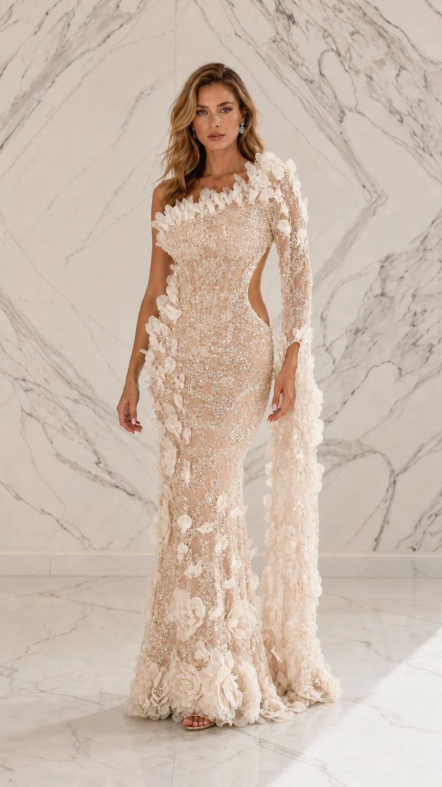 Champagne variant of one-shoulder floral cutout evening dress