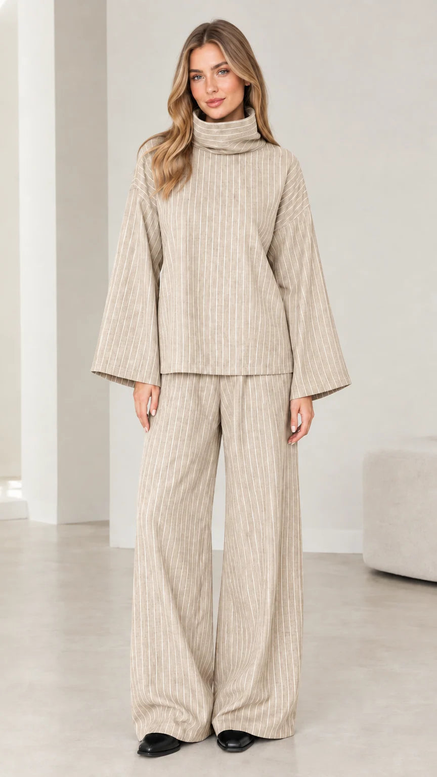 Woman wearing Beige oatmeal pinstripe turtleneck top and wide-leg pants outfit