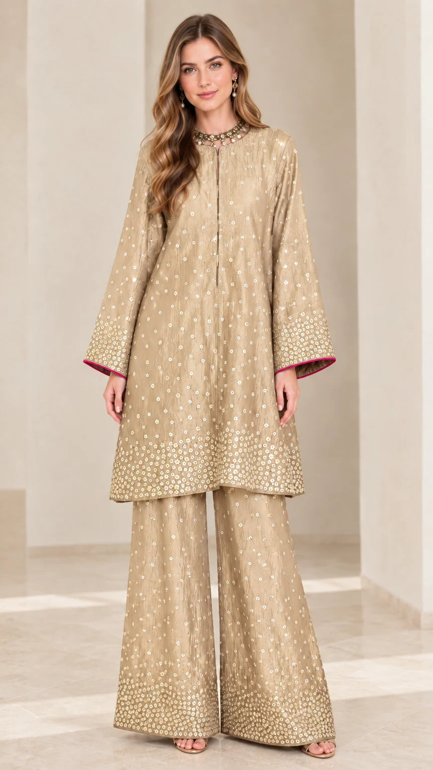 Model wearing Champagne gold embellished tunic top and matching palazzo pants