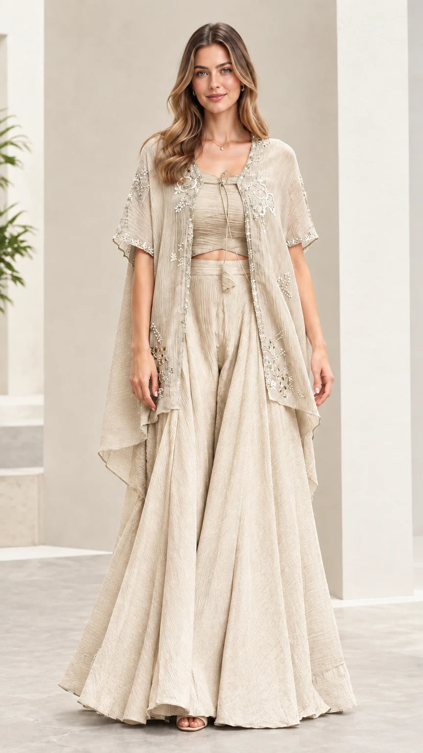 Champagne beige 3-piece embroidered cape and wide-leg palazzo set