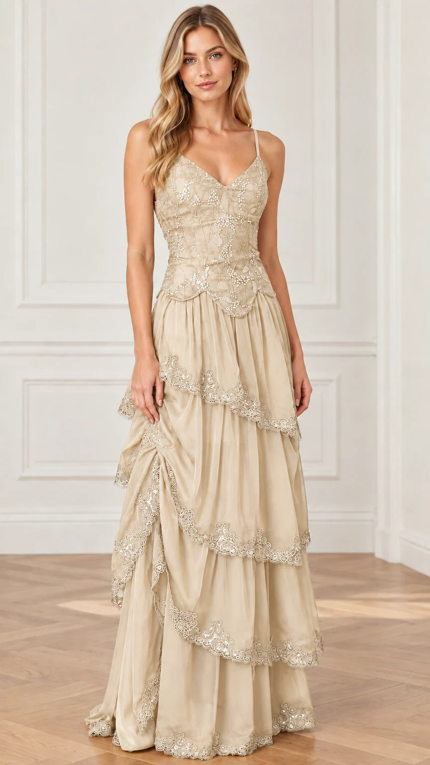 Champagne beige embroidered tiered evening gown