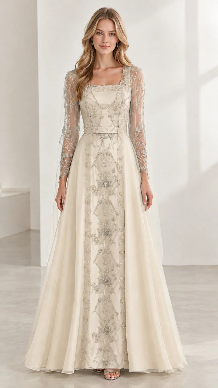 Champagne ivory embroidered long sleeve A-line evening gown