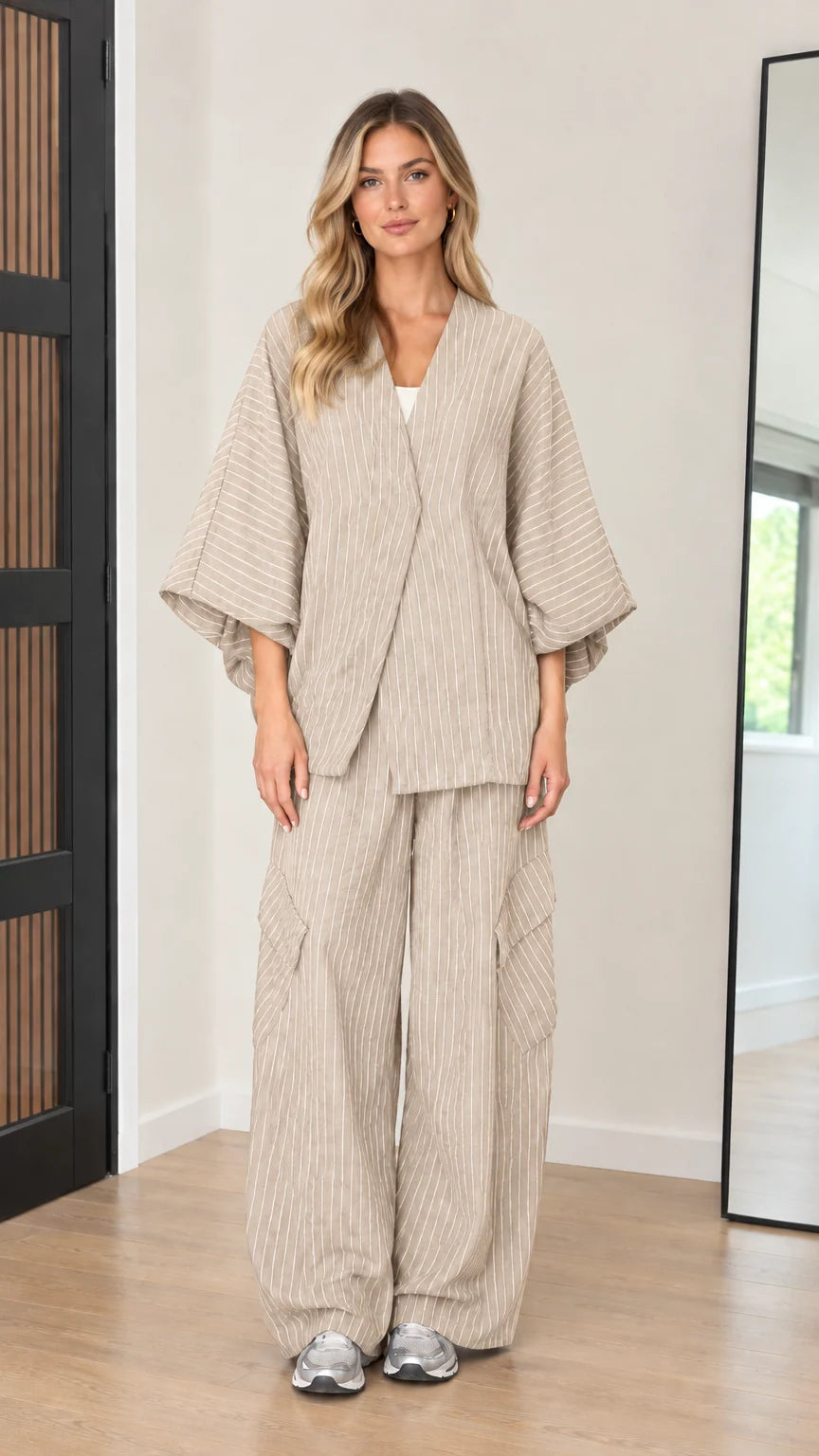 Women's beige neutral pinstripe two-piece kimono top and wide-leg pant set