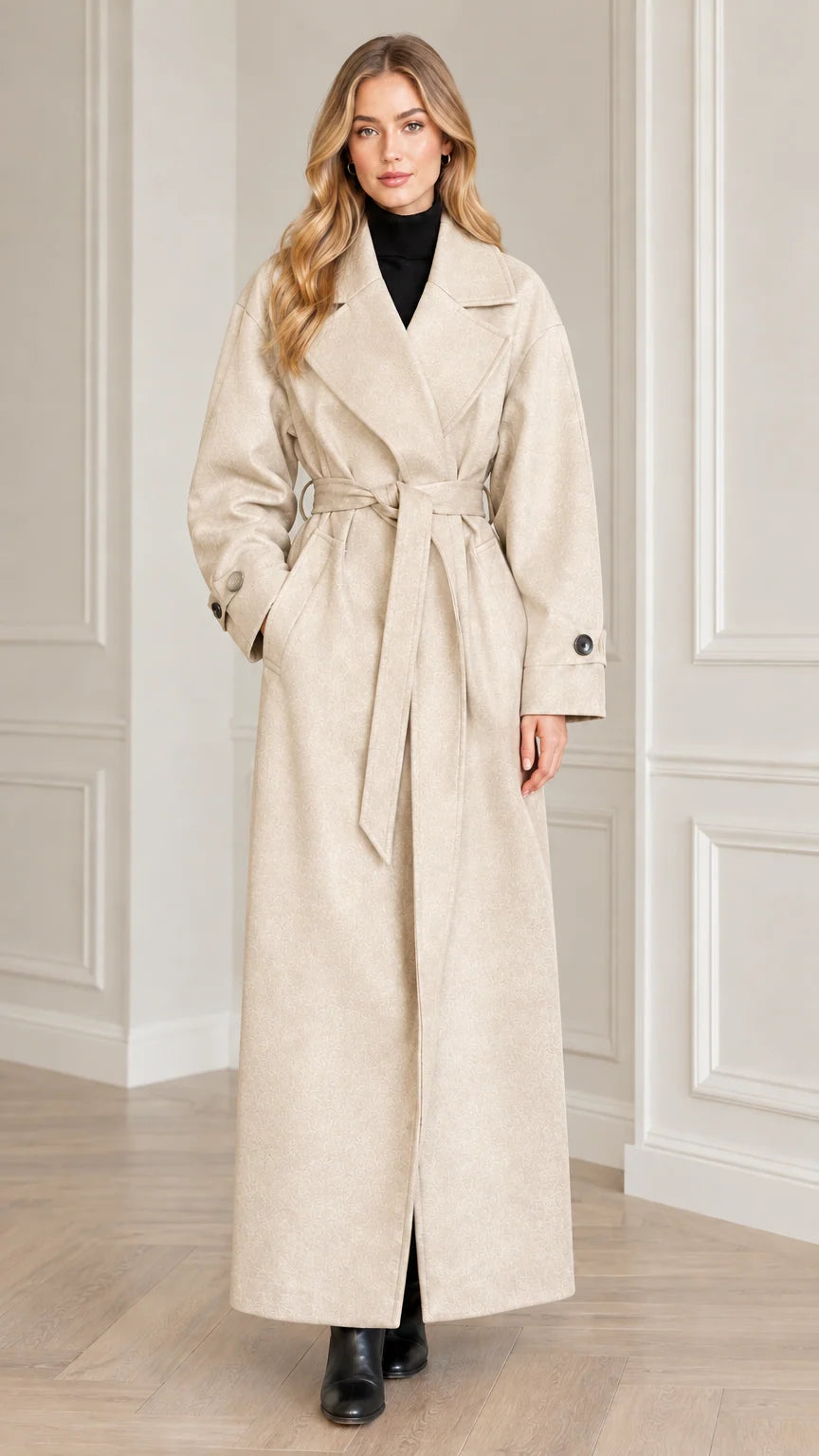 Model wearing cream beige maxi belted overcoat with black boots