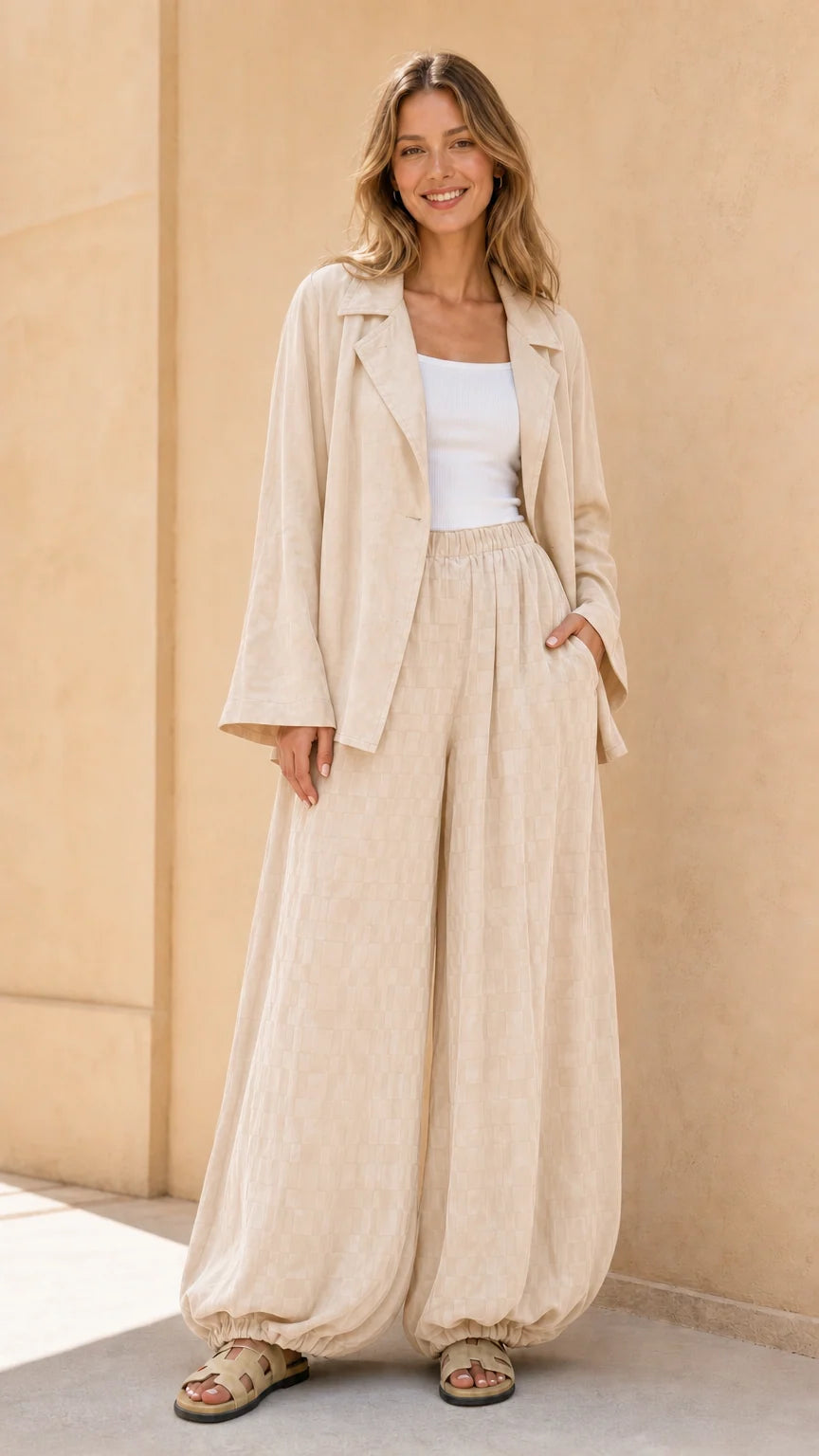 Model wearing beige matching blazer and pant set