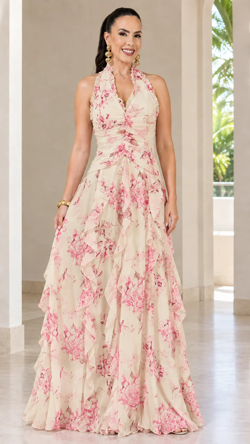 Full-length view of champagne floral halter neck tiered maxi dress