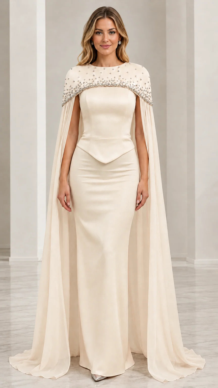 Model wearing champagne ivory beaded cape formal gown