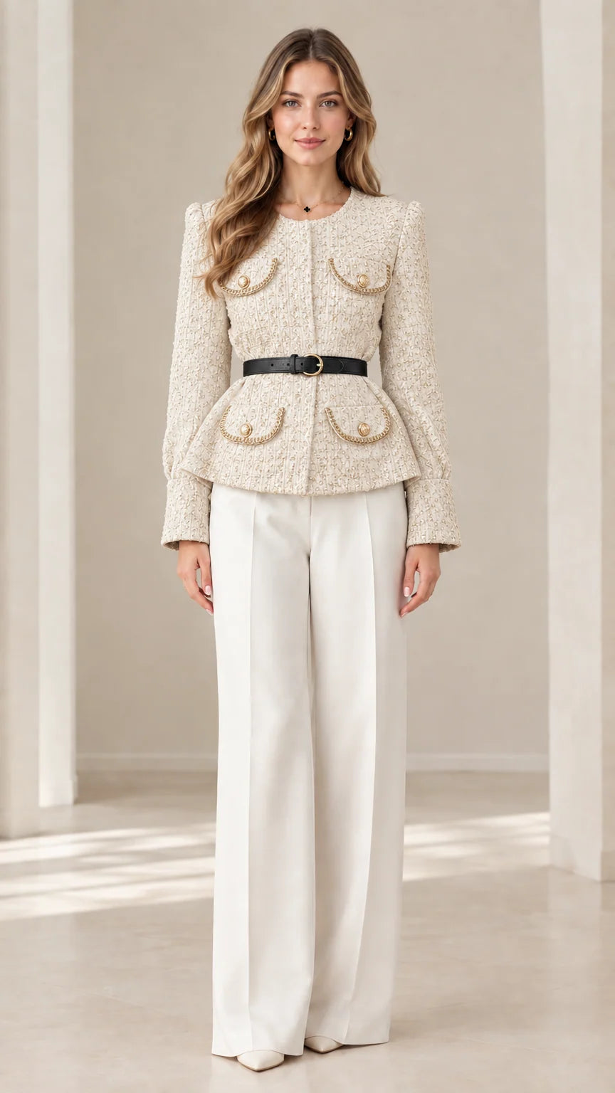 Front view of model wearing elegant cream off-white belted tweed jacket