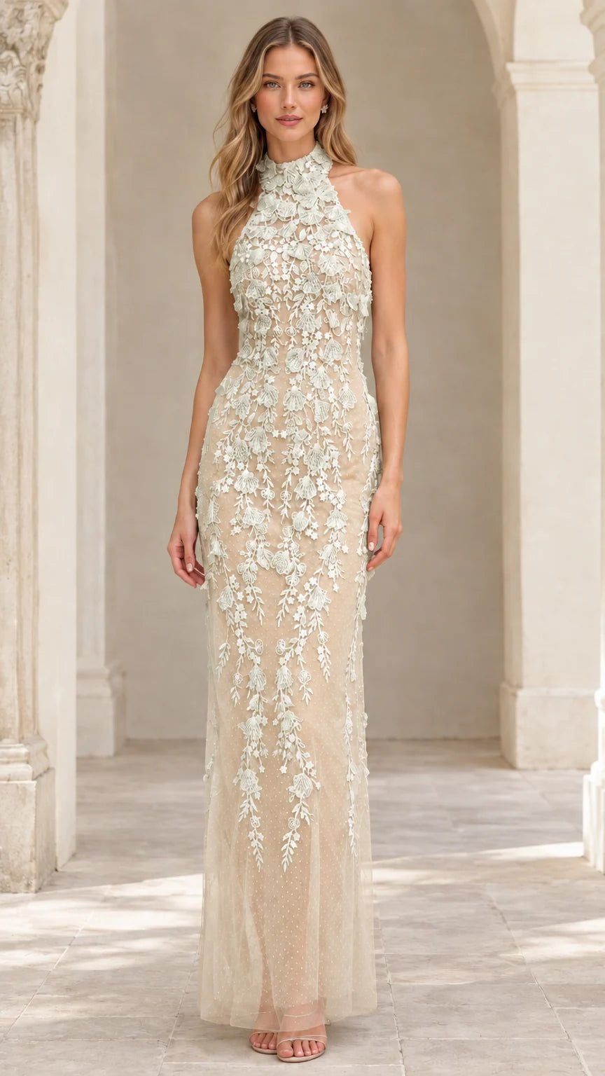 Model wearing Champagne embroidered floral halter column gown