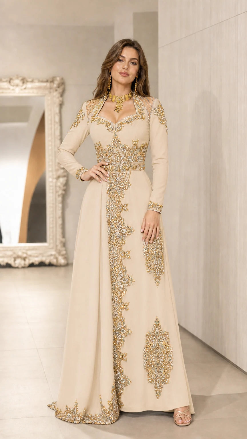 Champagne beige embroidered long sleeve formal evening gown