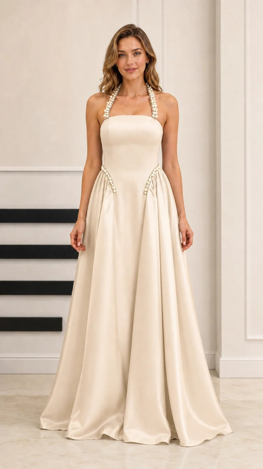 Champagne ivory satin halter formal gown with pearl accents