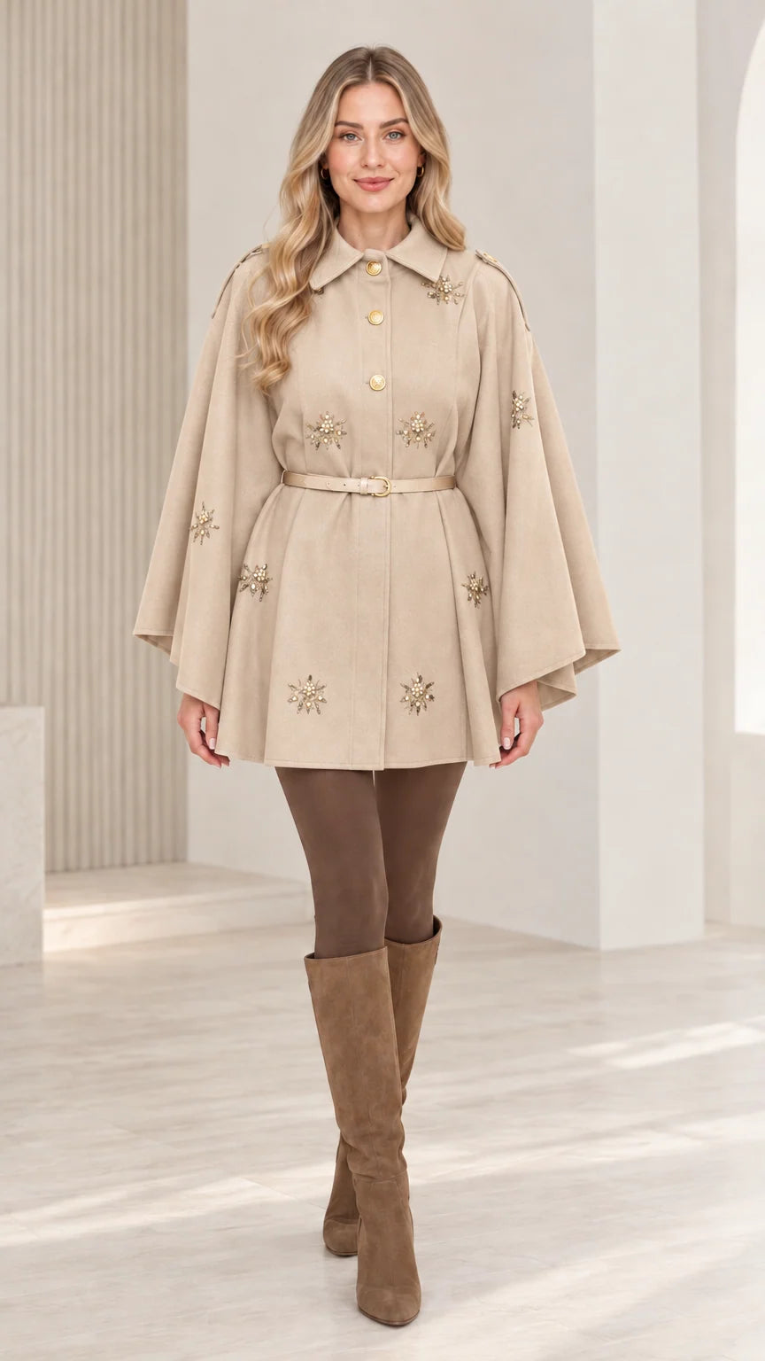 Front view of woman wearing beige embellished button-front belted cape coat