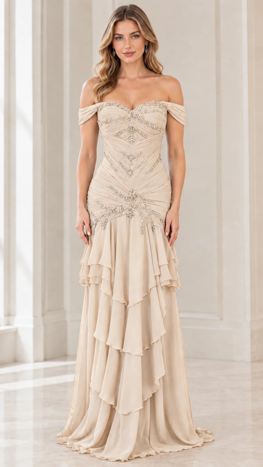 Front view of champagne beige off-the-shoulder beaded tiered evening gown