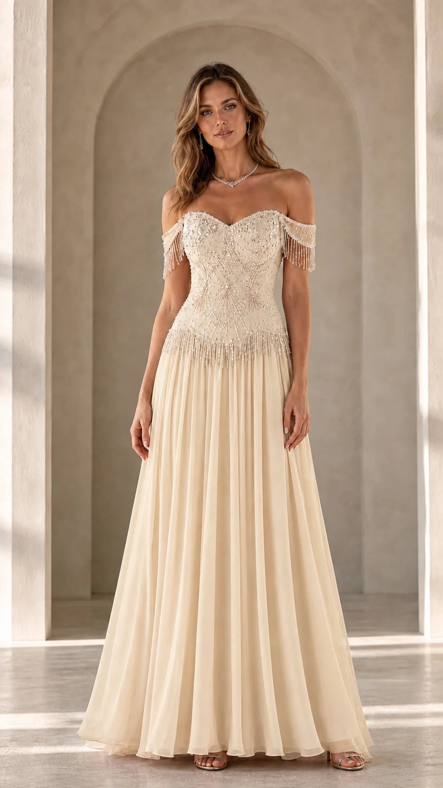Model wearing champagne variant of the off-the-shoulder beaded evening gown