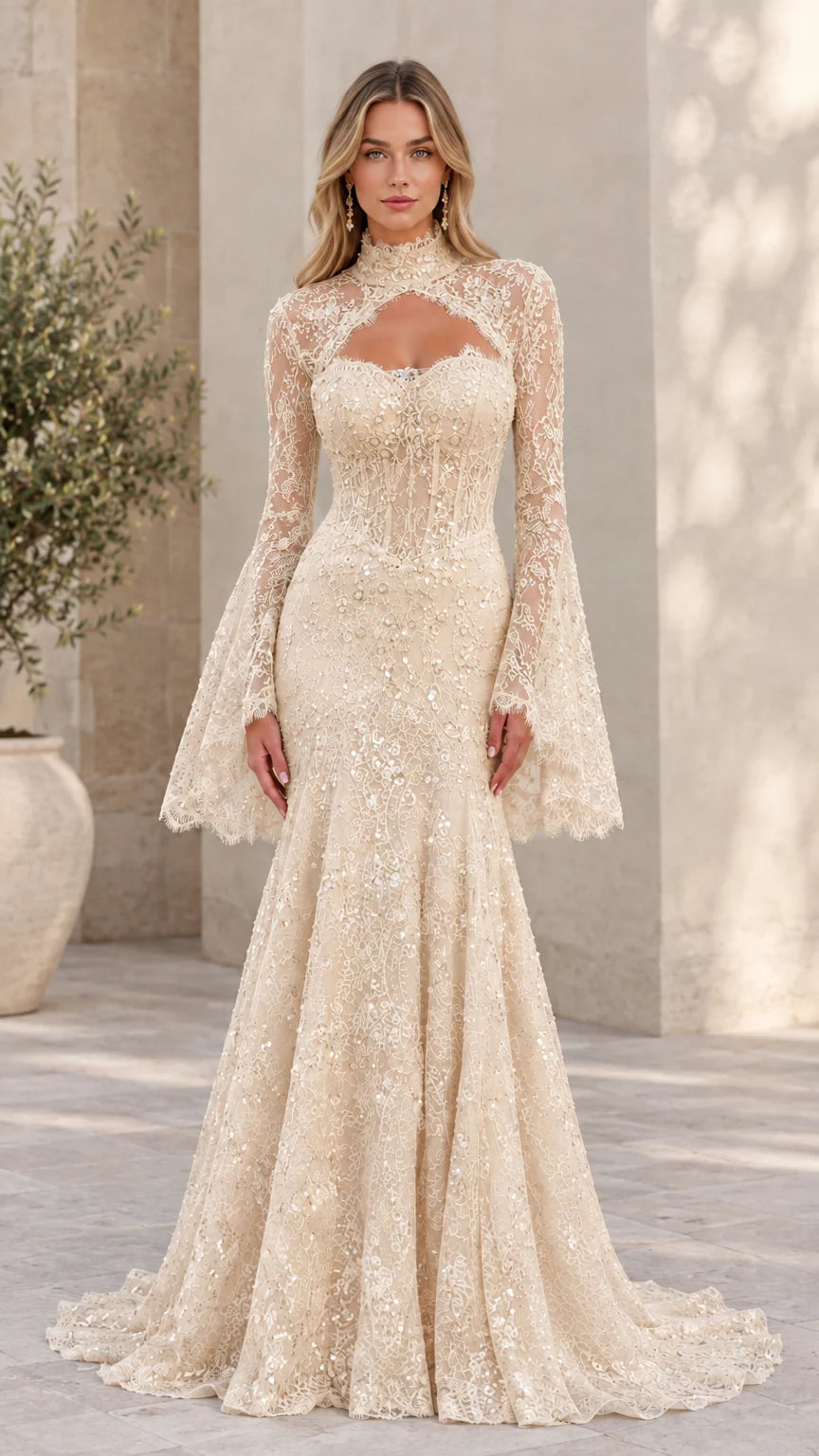 Front view of model wearing champagne ivory lace mermaid gown with sheer flare sleeves