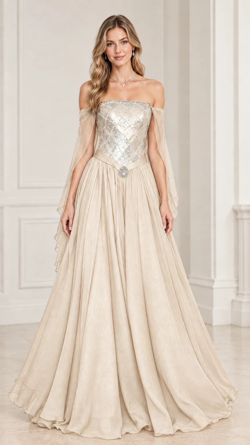 Model wearing Champagne gold sequin corset ball gown with flowing chiffon skirt