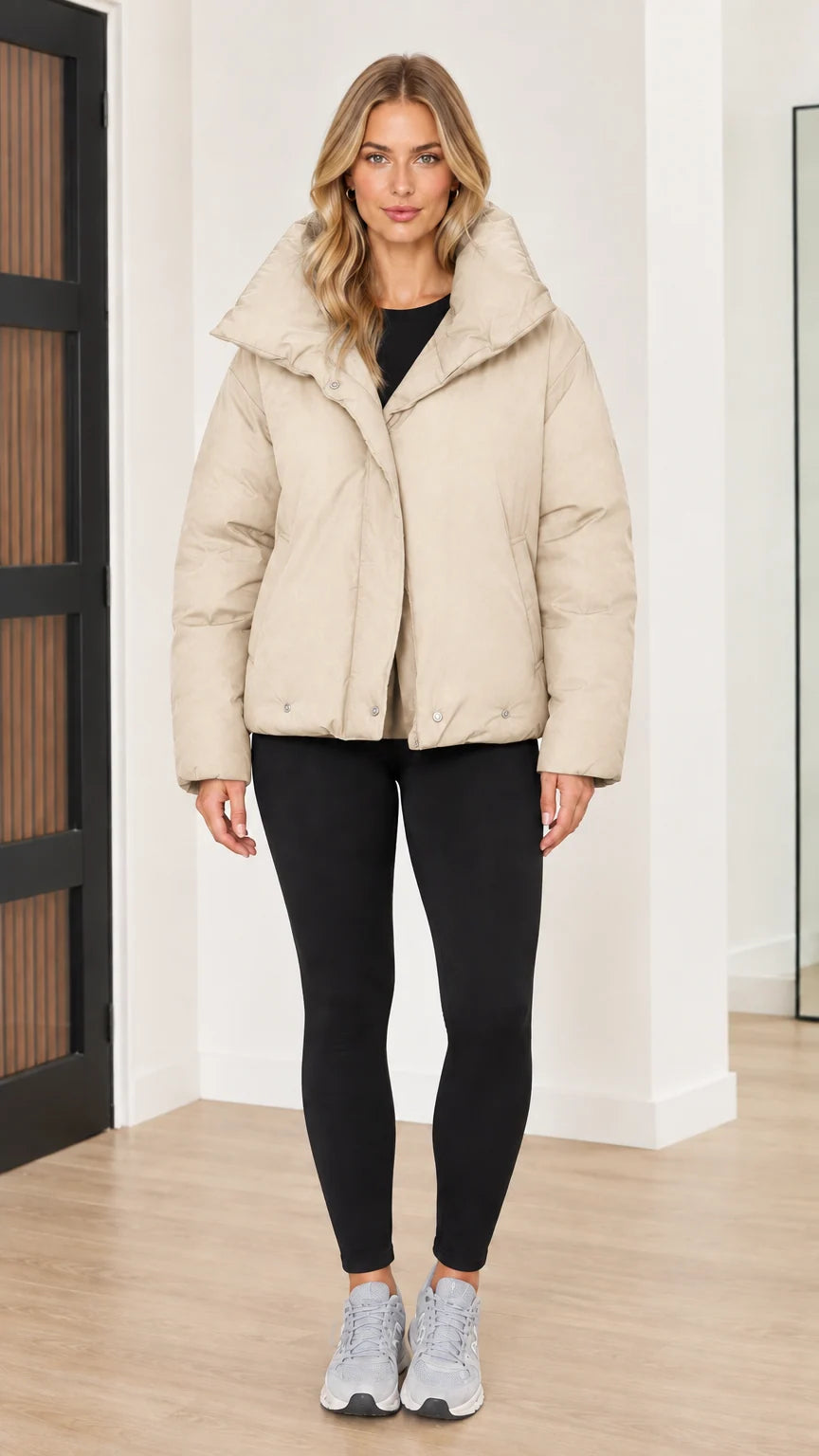 Front view of woman wearing cream beige funnel collar puffer jacket