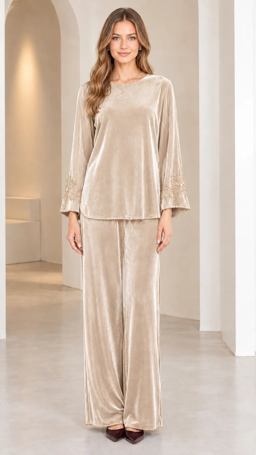 Model wearing Champagne beige velvet two-piece coordinated set