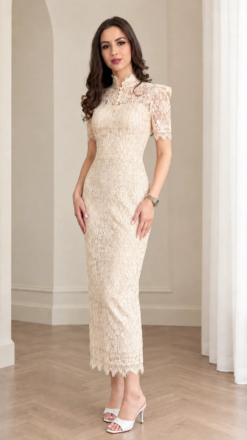 Full front view of model wearing champagne beige lace column maxi dress