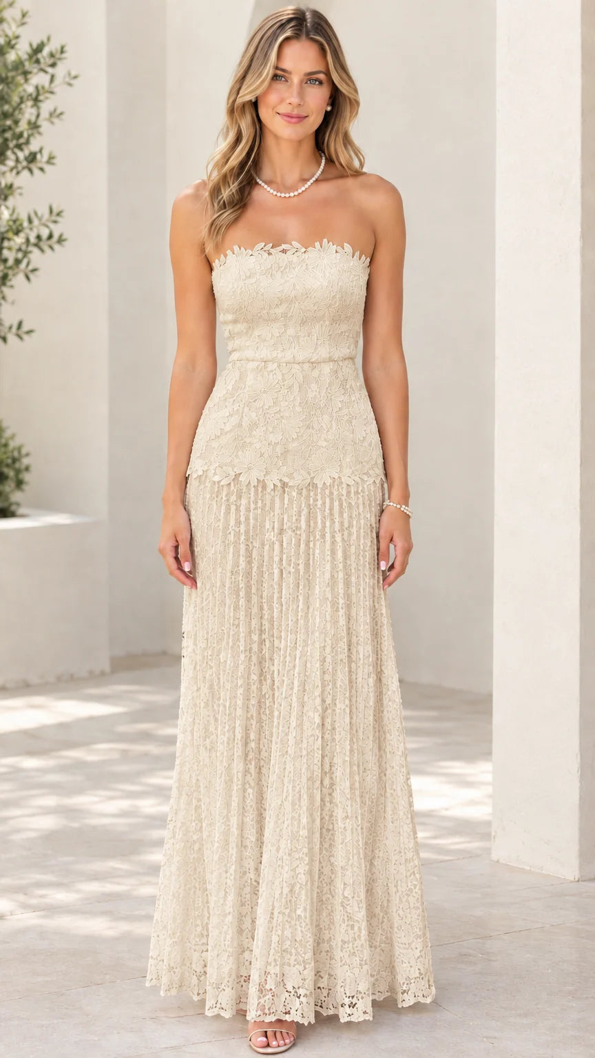 Model wearing champagne cream strapless floral lace evening maxi dress